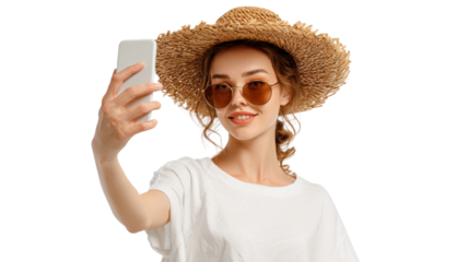 Young woman in a straw hat and sunglasses taking a selfie with a smartphone, smiling, against a white background.