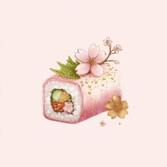 Beautiful Sushi Roll with Cherry Blossom Aesthetics and Delicate Colors