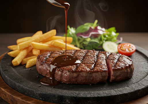 Grilled Steak with French Fries, Salad, and Barberque Sauce Pour &ndash; Luxurious Dinner Plate in Ultra-Realistic High-Resolution Food Photography