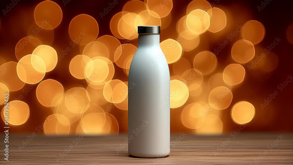 Aufkleber white ceramic bottle stands elegantly on wooden surface, surrounded by soft bokeh lights in warm ton