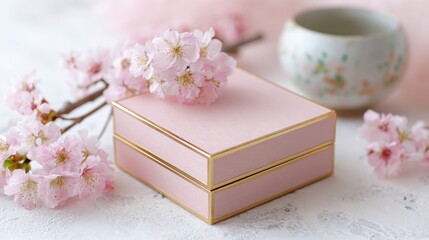 Delicate Pink Box Surrounded by Cherry Blossoms on Soft Background