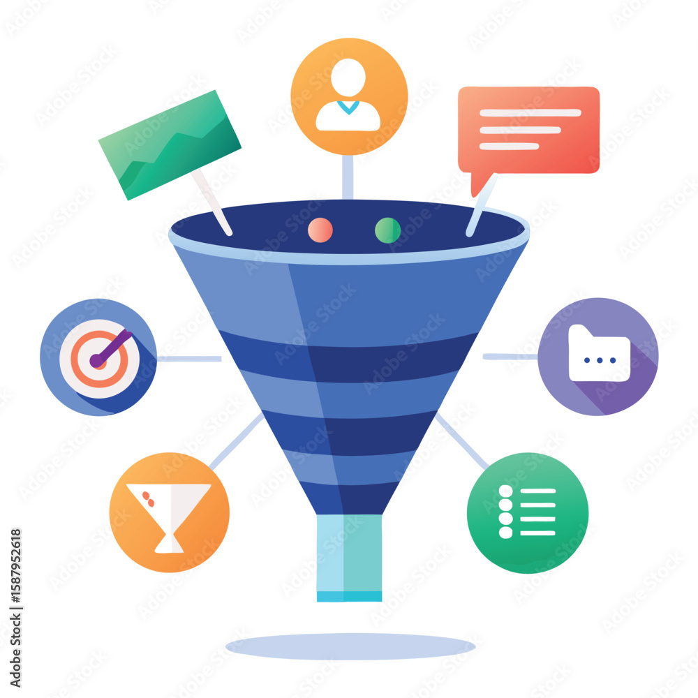Poster an illustrative representation of a marketing funnel highlighting various stages and elements associ