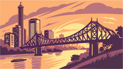Obraz premium Cityscape bridge river sunset vector illustration for travel and tourism background design landscape art