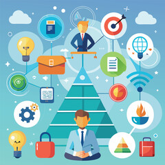 An illustrative representation of business strategy incorporating concepts such as ideas marketing maslows hierarchy and the marketing funnel
