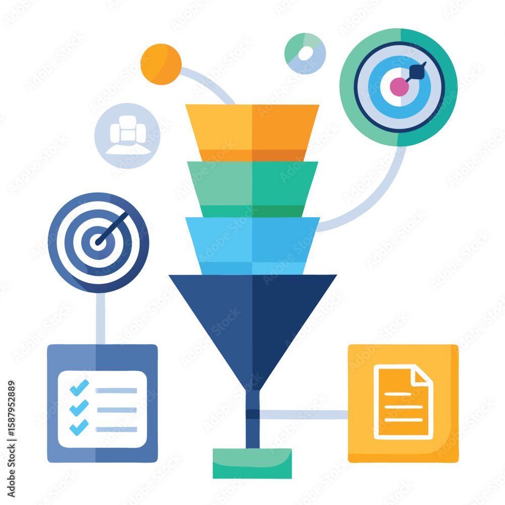 Poster business concept representation with colorful funnel infographics illustrating data flow and target 