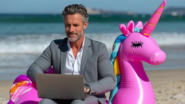 Businessman in gray suit working on laptop while relaxing on inflatable unicorn float at beach, enjoying sunny day by the ocean, blending work and leisure in a vibrant coastal environment