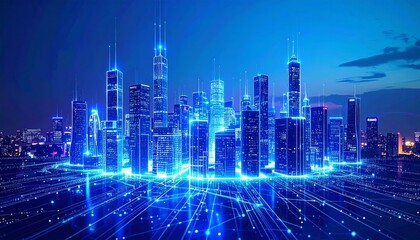 Obraz premium Abstract blue city skyline with illuminated skyscrapers at night, an urban cityscape vector illustration