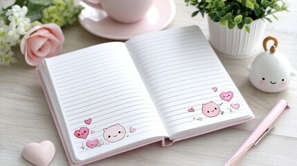 Cute Notebook with Illustrations and Stationery on a Desk