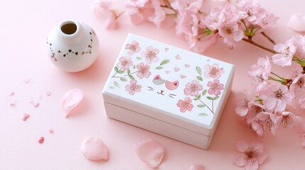 Charming Floral Cat Box with Cherry Blossom Details on Pink Background