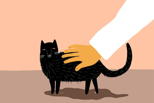Illustration of a hand petting a black cat in a cartoon style
