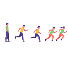 Obraz premium Illustration of four stylized figures in various stages of running, progressing from a standing position to a full sprint, ideal for animation or motion graphics projects related to fitness, sports,