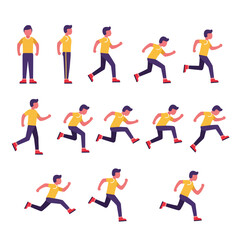Obraz premium A man in a yellow t-shirt and purple pants is depicted in various running poses, illustrating a motion sequence for animation or design.