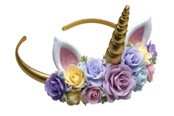 Unicorn headband with flowers isolated on transparent background