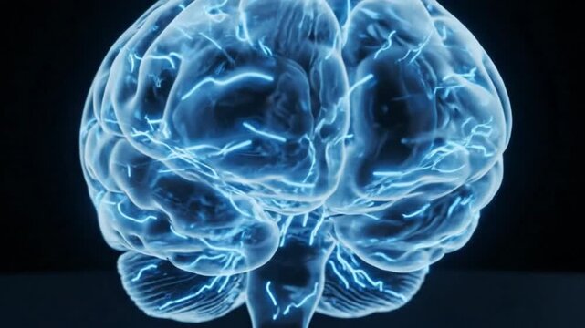 A translucent blue brain stands against a dark background with glowing neural pathways visible within