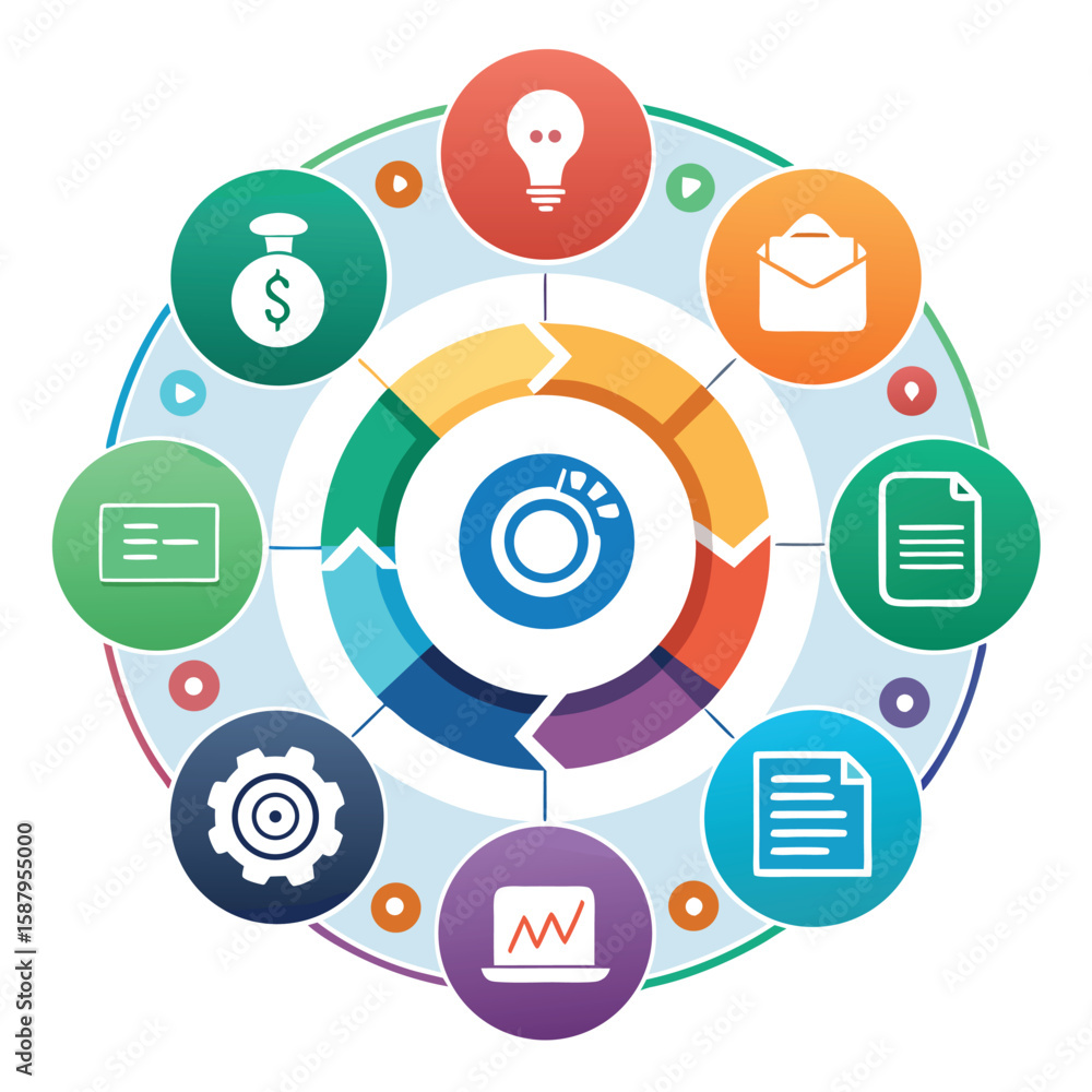 Poster colorful circular process charts representing different stages of business and financial planning an
