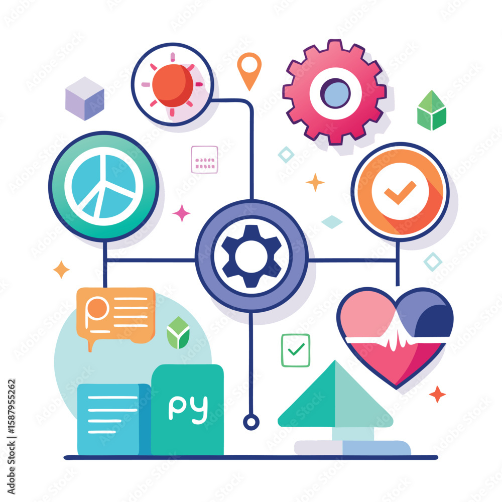 Poster colorful conceptual diagram illustrating modern technology and information with various icons and ab