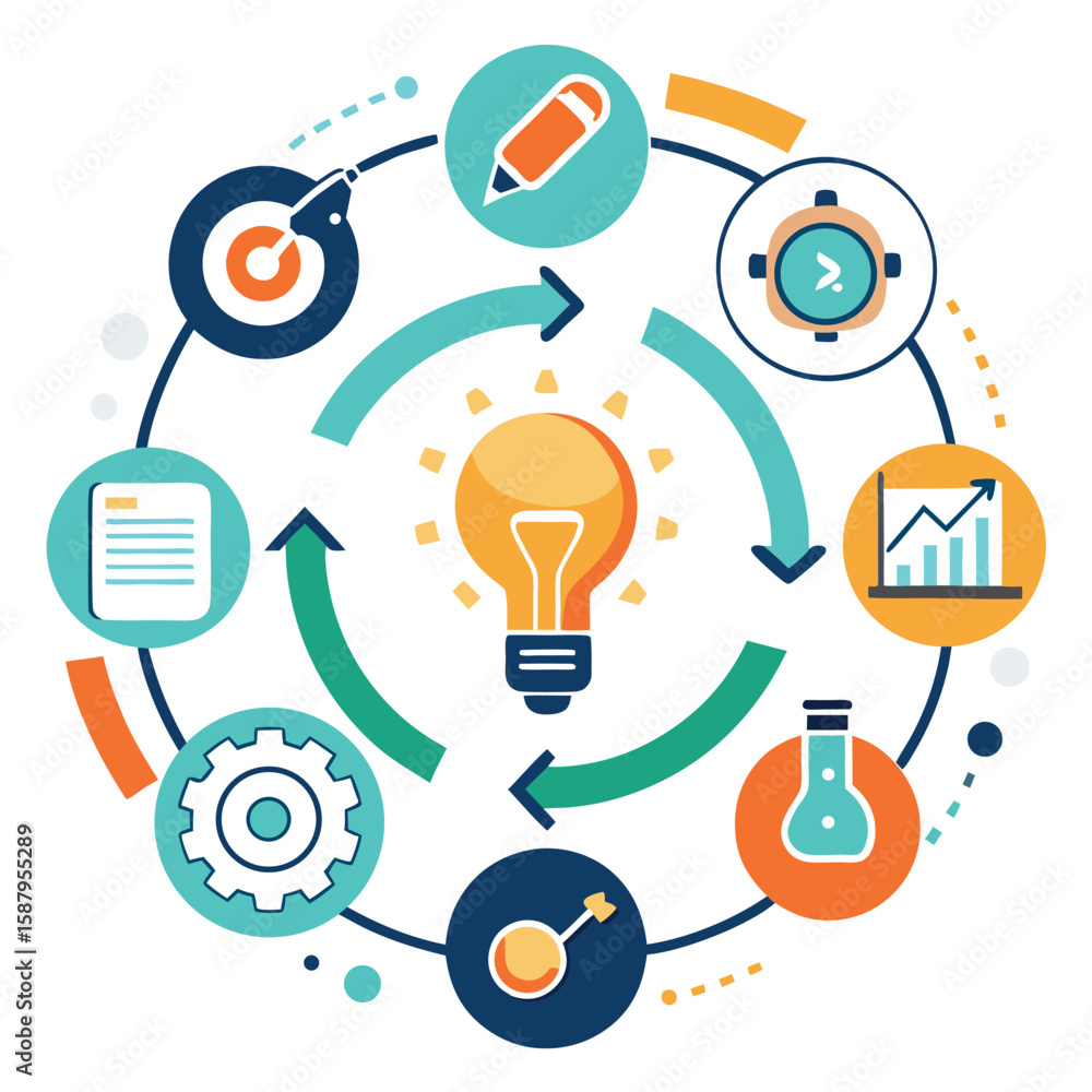 Poster colorful diagram illustrating a circular process with business icons including target graph pencil a