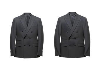 A set of stylish, charcoal gray business suits cut out and isolated on a white background, double-breasted style, bold and modern design, high-contrast lighting.