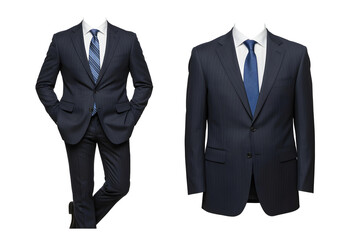 A set of stylish, dark navy pinstripe business suits cut out and isolated on a clean white background, studio lighting, sharp focus, modern tailoring.