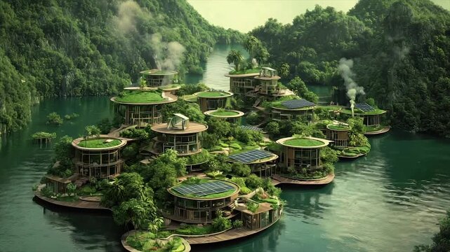Eco-friendly village on interconnected islands, lush greenery, solar panels, river