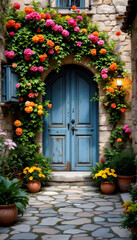 Fototapeta premium Charming stone villa entrance with blue door, vibrant flowers, and warm sunlight. 