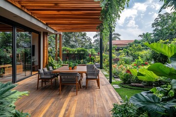 Wooden terrace with outdoor dining set, surrounded by lush garden greenery