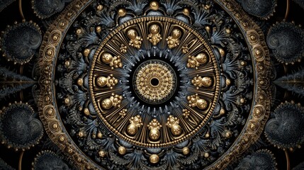 Obraz premium A fractal kaleidoscope pattern in metallic gold and black, hypnotic symmetry 