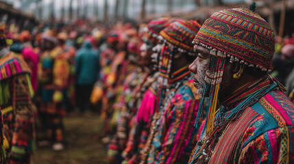 Obraz premium Men in traditional multicolor tribal attire with face paint stand in solemn formation for World Tribal Day cultural ritual