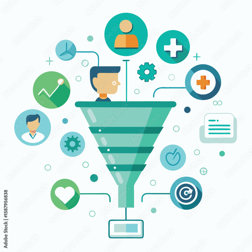 Poster colorful infographic design featuring a business concept with a funnel and associated symbols repres