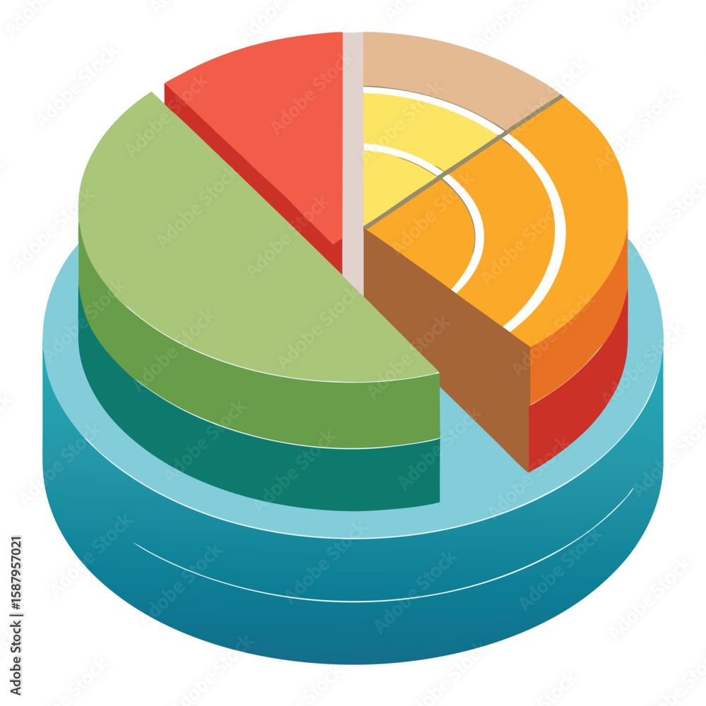Poster colorful isometric pie chart representing data analytics and financial results against a clean white