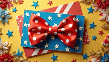 Red bow tie with white polka dots on patriotic gift wrapping.