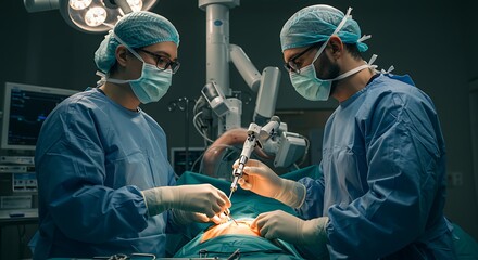 Two surgeons perform robotic surgery, using advanced medical technology in an operating room.