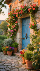 Naklejka premium Charming stone villa entrance with blue door, vibrant flowers, and warm sunlight. 