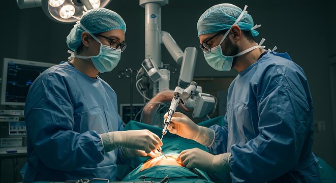 Two surgeons perform robotic surgery, using advanced medical technology in an operating room.