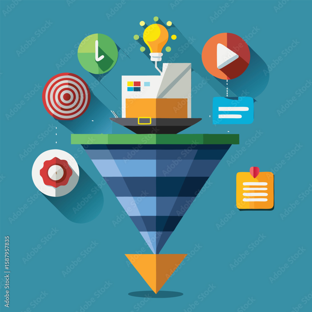 Poster conceptual depiction of a business process incorporating diverse elements such as targets, ideas, an