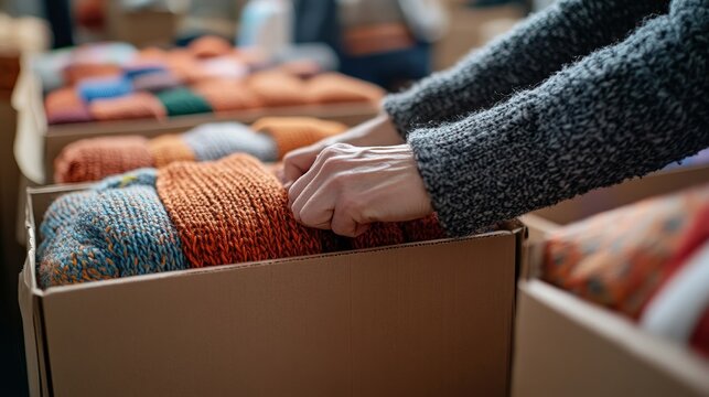 Close-up of boxes being prepared for donation to charity, promoting acts of kindness and generosity, Generative AI
