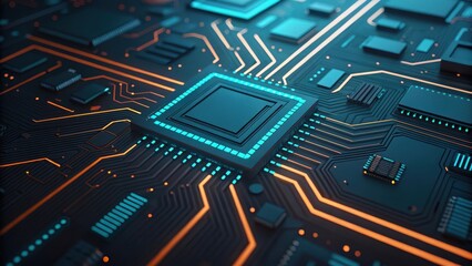 Close up of a futuristic glowing blue computer processor on a circuit board