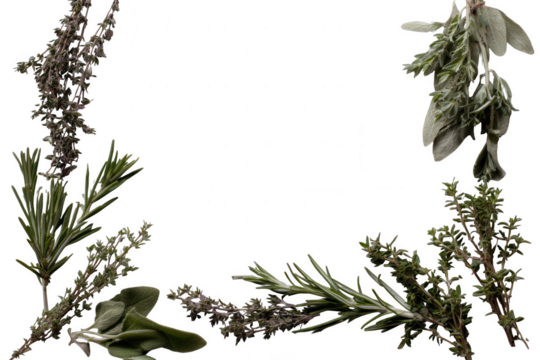Fresh herbs arranged in a border isolated on transparent background