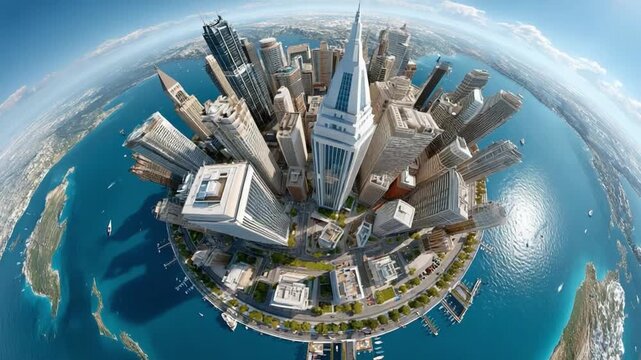 Miniature Metropolis: An astounding panoramic view of a sprawling metropolis, depicted with a distinct fish-eye lens effect.
