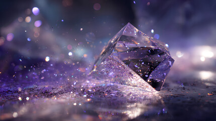 background with a broken clear stone floating on a black and purple background