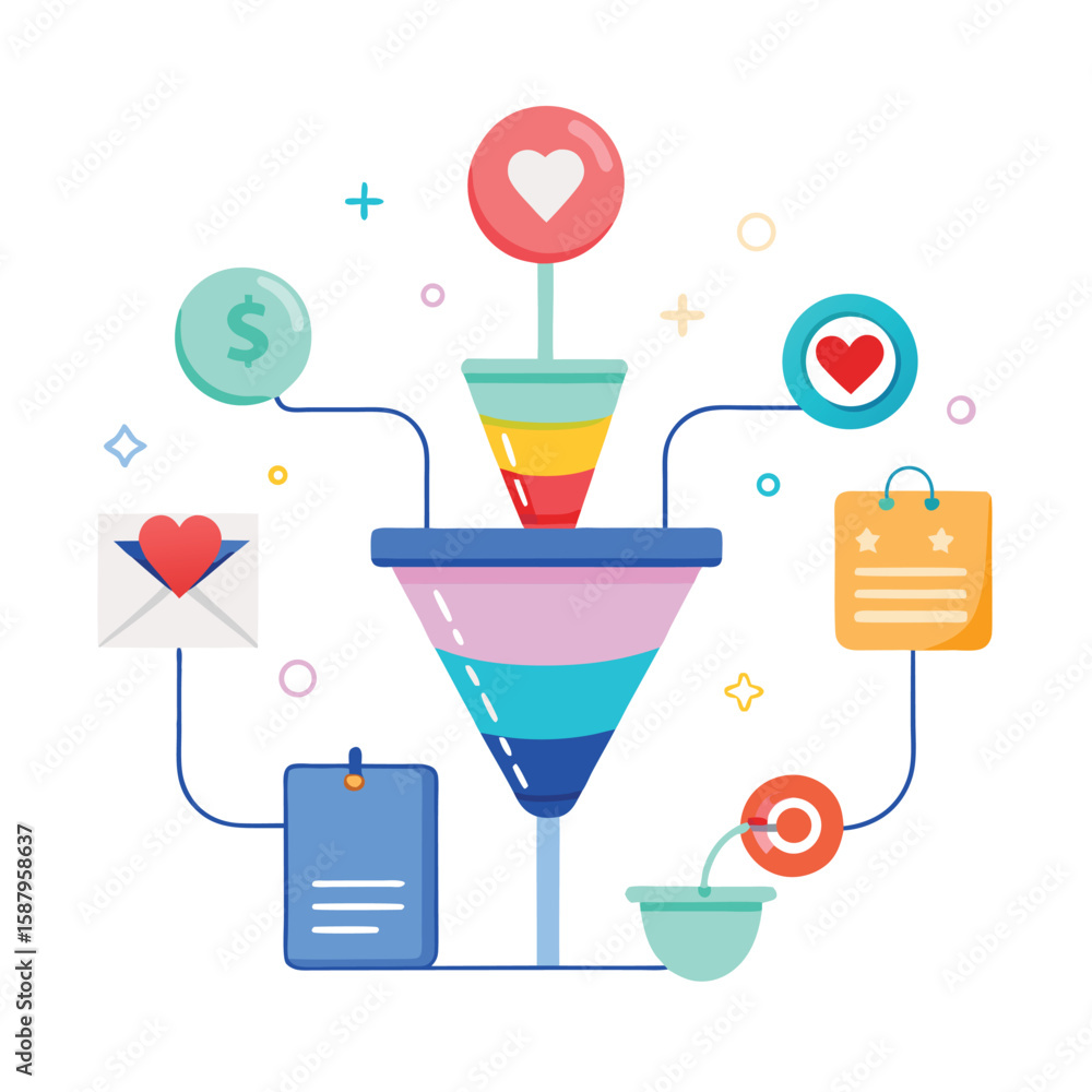 Poster conceptual illustration showcasing a colorful customer journey and conversion funnel design with ele