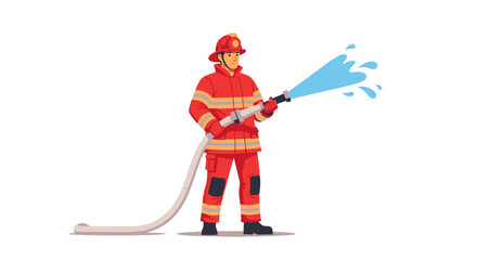 Firefighter bravely battling blaze, water hose, courageous action, emergency response.