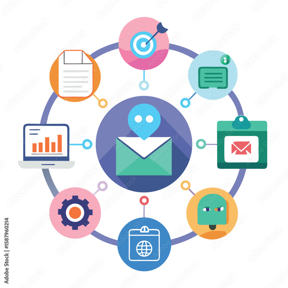 Aufkleber creative illustration of a circular process charts representing teamwork and data flow with differen