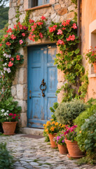 Charming stone villa entrance with blue door, vibrant flowers, and warm sunlight.
