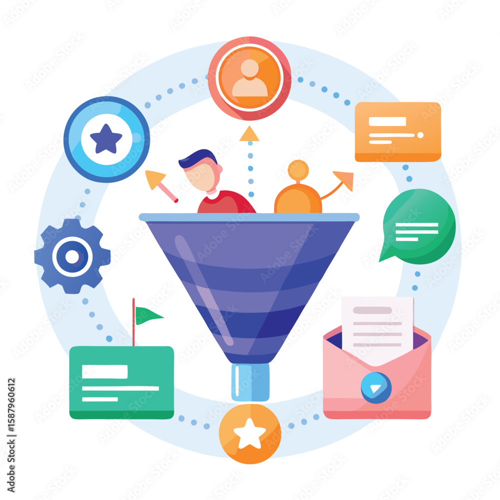 Poster creative vector illustration of a business process marketing conversion funnel with colorful element