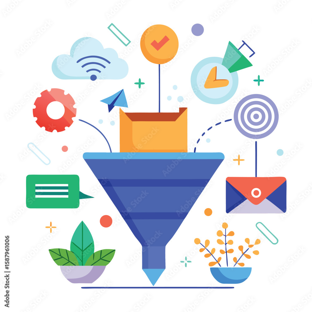 Poster digital marketing and sales funnel visualization representing strategy and process of converting pot