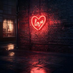 Romantic Neon Heart Sign on Brick Wall: Night Cityscape Background