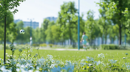 Fototapeta premium Vibrant scene of person playing soccer lush green park, surrounded by blooming flowers and trees, evokes sense of joy