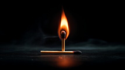 Ignition concept of a burning matchstick with centered flame in a minimalist background fire closeup