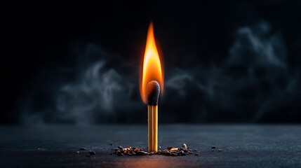 Burning matchstick igniting centered flame fire closeup in minimalist background visual ignition concept